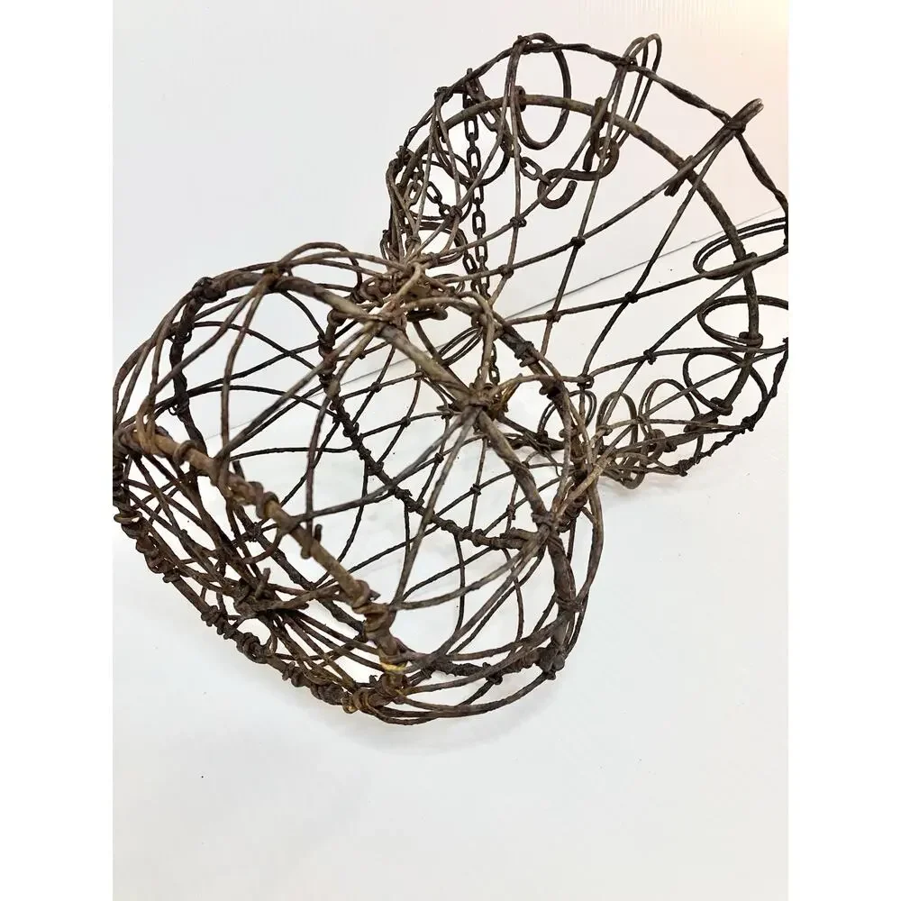 Antique French Twisted Metal Hanging Basket Curly Iron Wire Fluted Gracie Urn